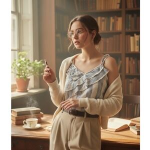 Linen Look Light Academia Cotton Ruffle Front Camisole Tank Top H&M Sz 2 White